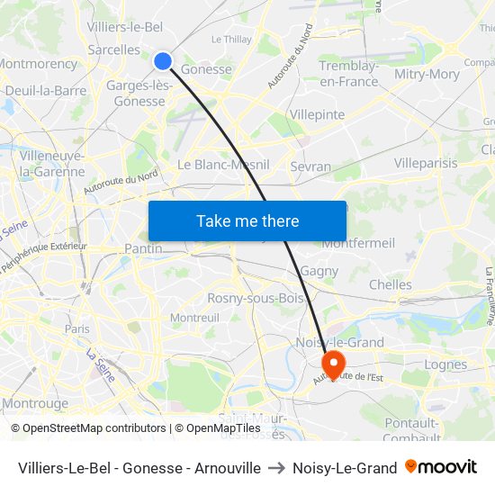 Villiers-Le-Bel - Gonesse - Arnouville to Noisy-Le-Grand map
