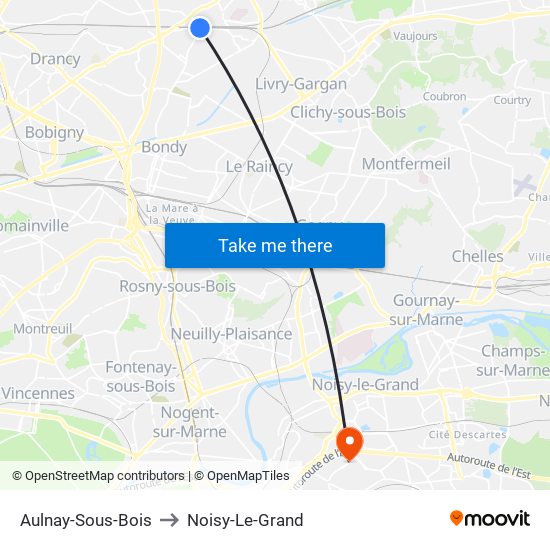 Aulnay-Sous-Bois to Noisy-Le-Grand map