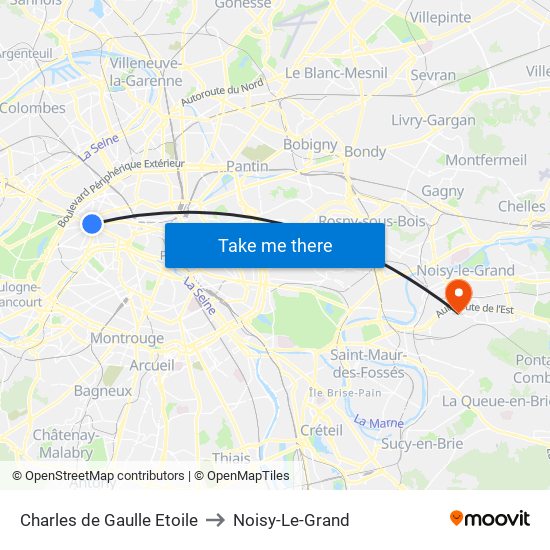 Charles de Gaulle Etoile to Noisy-Le-Grand map