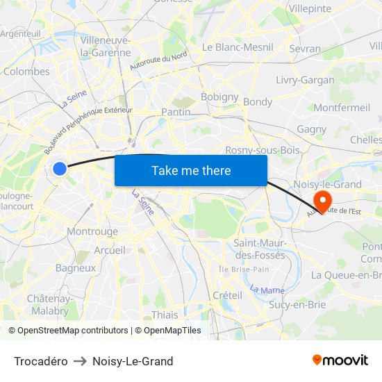 Trocadéro to Noisy-Le-Grand map