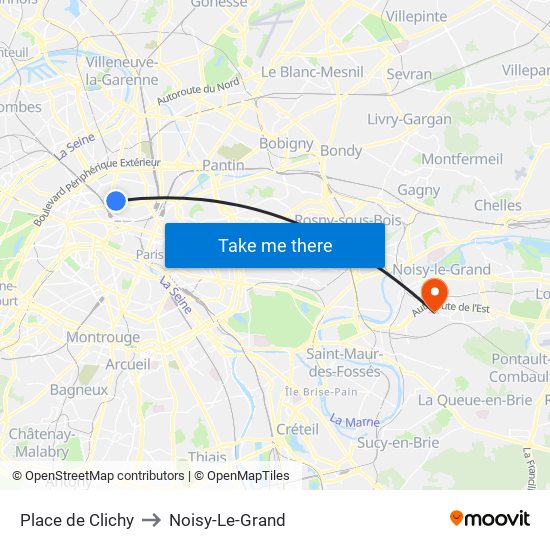 Place de Clichy to Noisy-Le-Grand map