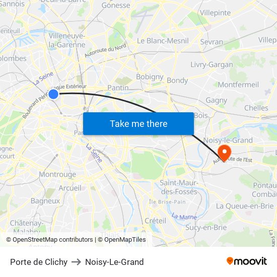 Porte de Clichy to Noisy-Le-Grand map
