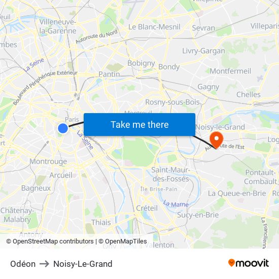 Odéon to Noisy-Le-Grand map