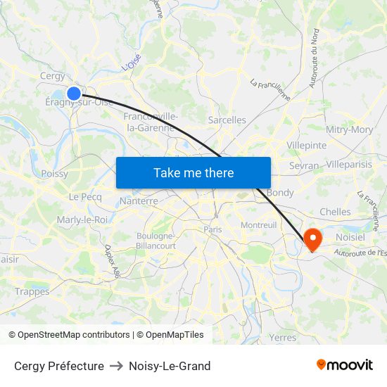 Cergy Préfecture to Noisy-Le-Grand map