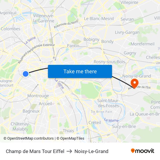 Champ de Mars Tour Eiffel to Noisy-Le-Grand map