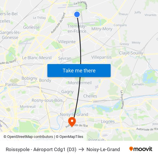 Roissypole - Aéroport Cdg1 (D3) to Noisy-Le-Grand map
