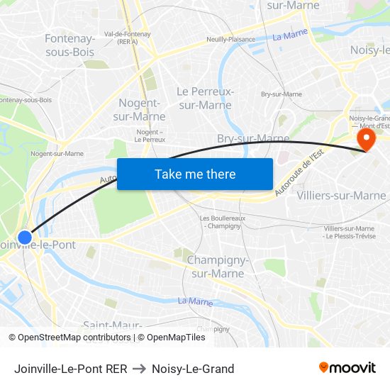 Joinville-Le-Pont RER to Noisy-Le-Grand map