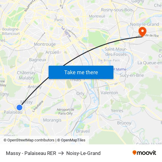 Massy - Palaiseau RER to Noisy-Le-Grand map