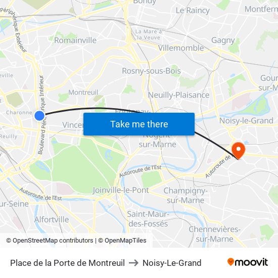 Place de la Porte de Montreuil to Noisy-Le-Grand map