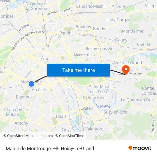 Mairie de Montrouge to Noisy-Le-Grand map