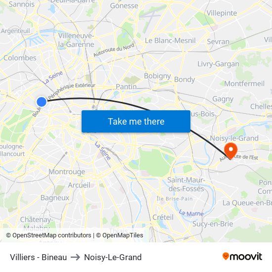 Villiers - Bineau to Noisy-Le-Grand map