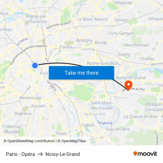 Paris - Opéra to Noisy-Le-Grand map