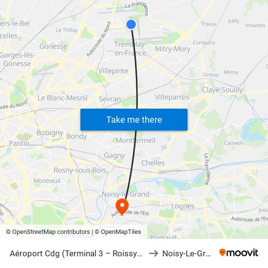 Aéroport Cdg (Terminal 3 – Roissypôle) to Noisy-Le-Grand map