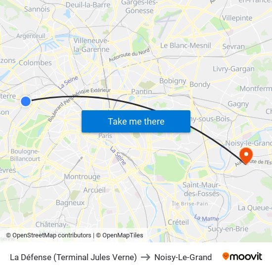La Défense (Terminal Jules Verne) to Noisy-Le-Grand map
