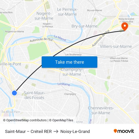 Saint-Maur – Créteil RER to Noisy-Le-Grand map