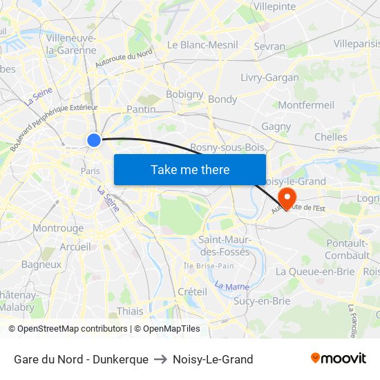 Gare du Nord - Dunkerque to Noisy-Le-Grand map