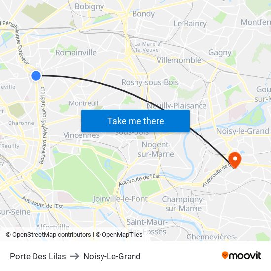 Porte Des Lilas to Noisy-Le-Grand map