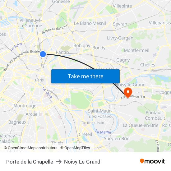 Porte de la Chapelle to Noisy-Le-Grand map