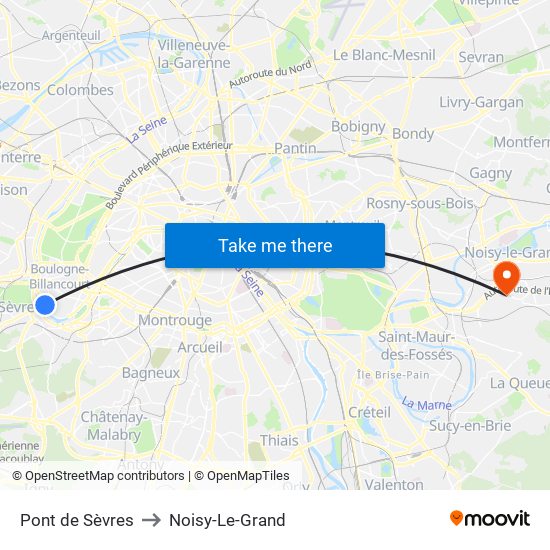 Pont de Sèvres to Noisy-Le-Grand map