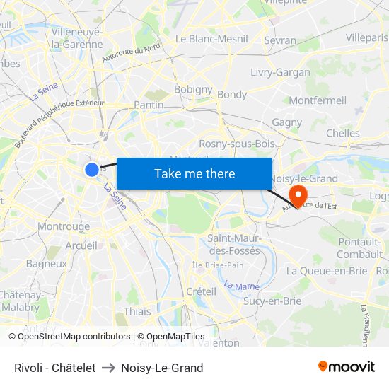 Rivoli - Châtelet to Noisy-Le-Grand map