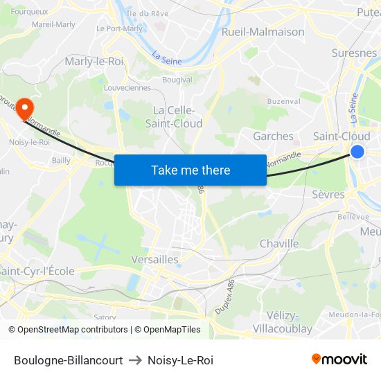 Boulogne-Billancourt to Noisy-Le-Roi map