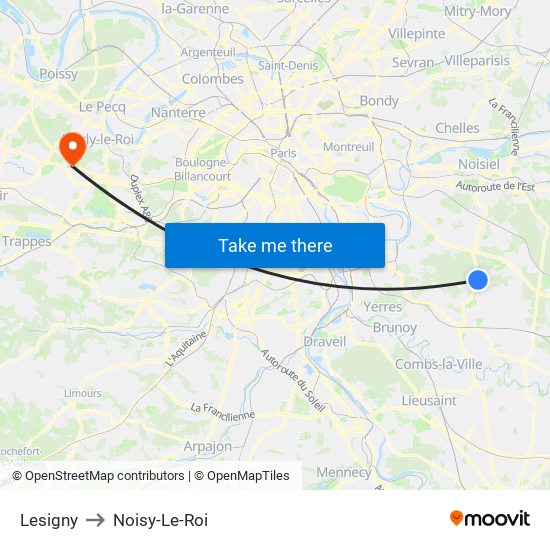 Lesigny to Noisy-Le-Roi map