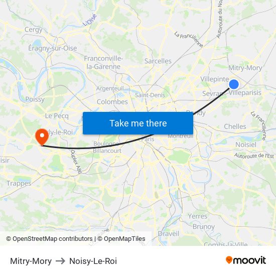 Mitry-Mory to Noisy-Le-Roi map