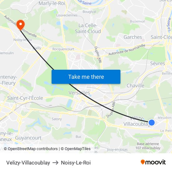 Velizy-Villacoublay to Noisy-Le-Roi map