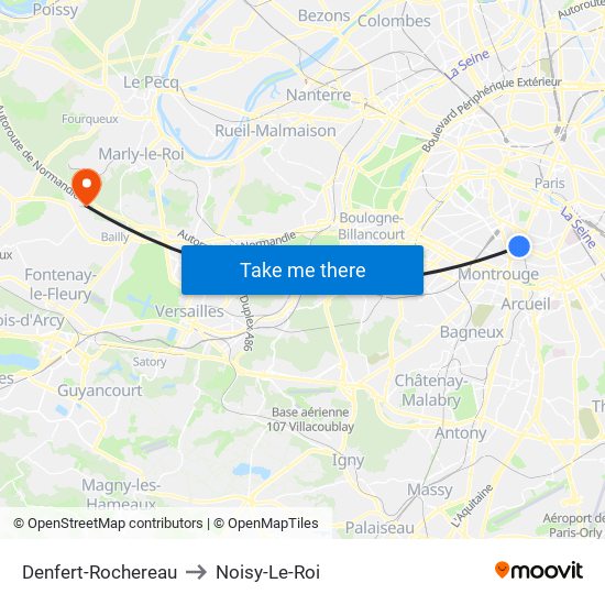Denfert-Rochereau to Noisy-Le-Roi map