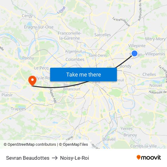 Sevran Beaudottes to Noisy-Le-Roi map