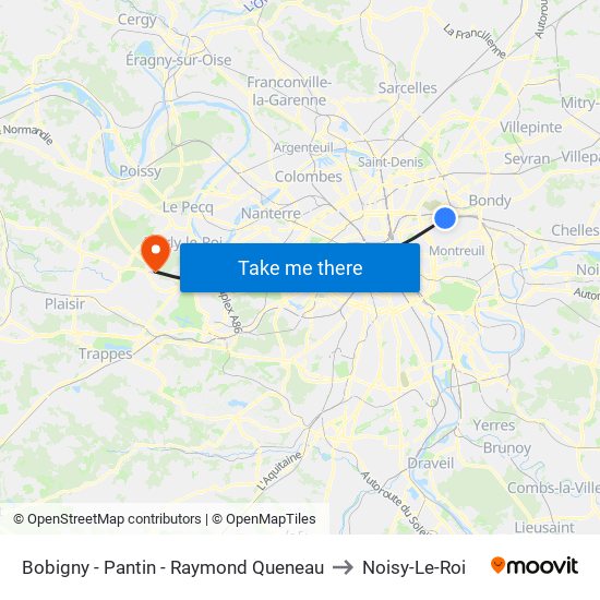 Bobigny - Pantin - Raymond Queneau to Noisy-Le-Roi map
