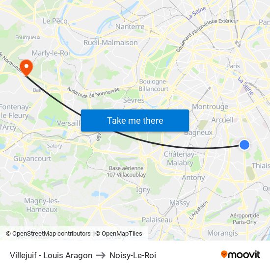 Villejuif - Louis Aragon to Noisy-Le-Roi map