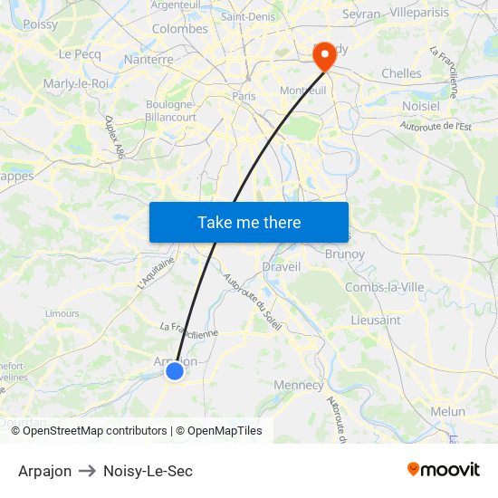 Arpajon to Noisy-Le-Sec map