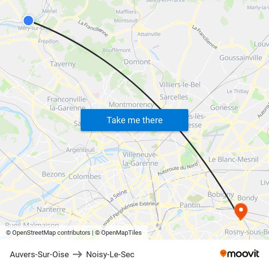 Auvers-Sur-Oise to Noisy-Le-Sec map