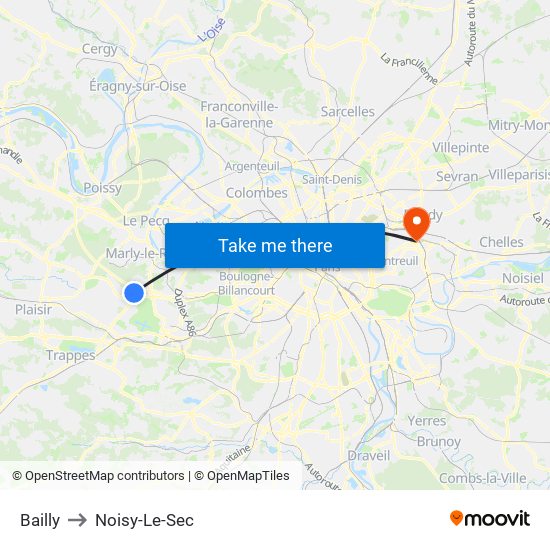 Bailly to Noisy-Le-Sec map