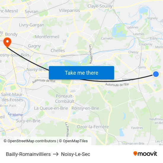 Bailly-Romainvilliers to Noisy-Le-Sec map