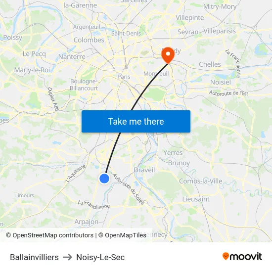 Ballainvilliers to Noisy-Le-Sec map