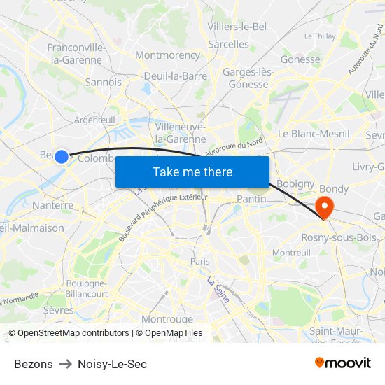 Bezons to Noisy-Le-Sec map