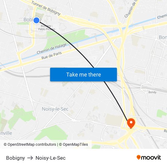 Bobigny to Noisy-Le-Sec map