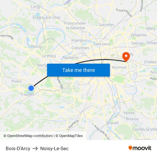 Bois-D'Arcy to Noisy-Le-Sec map
