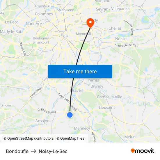 Bondoufle to Noisy-Le-Sec map