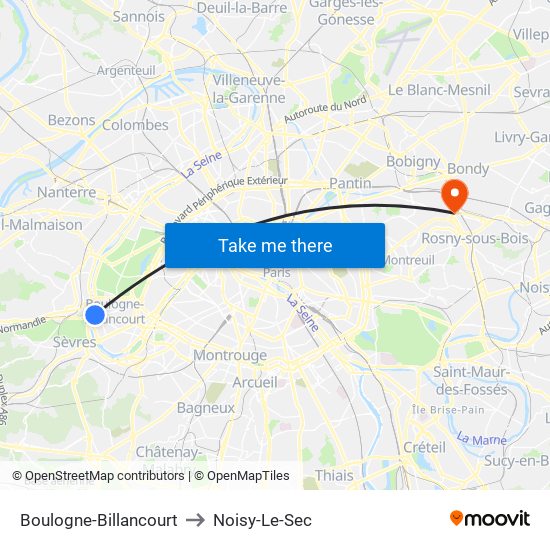 Boulogne-Billancourt to Noisy-Le-Sec map