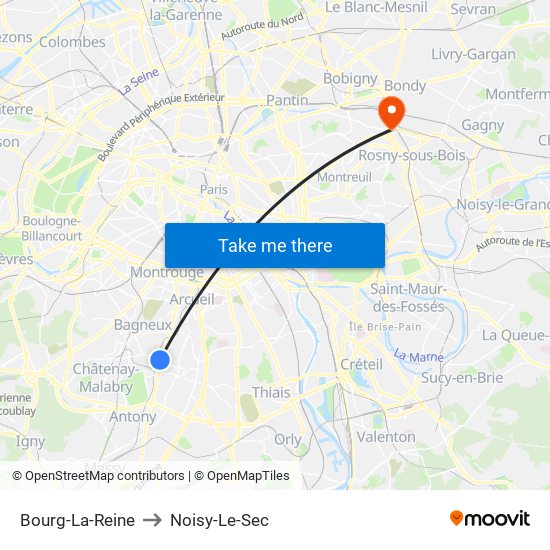 Bourg-La-Reine to Noisy-Le-Sec map
