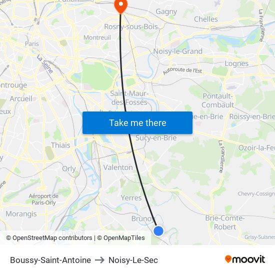 Boussy-Saint-Antoine to Noisy-Le-Sec map