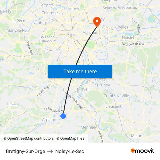 Bretigny-Sur-Orge to Noisy-Le-Sec map