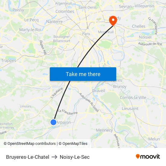 Bruyeres-Le-Chatel to Noisy-Le-Sec map