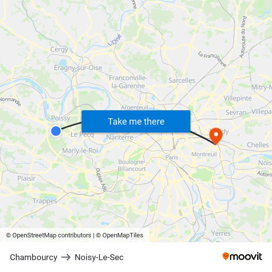 Chambourcy to Noisy-Le-Sec map