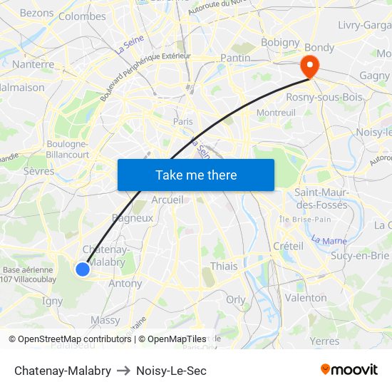 Chatenay-Malabry to Noisy-Le-Sec map