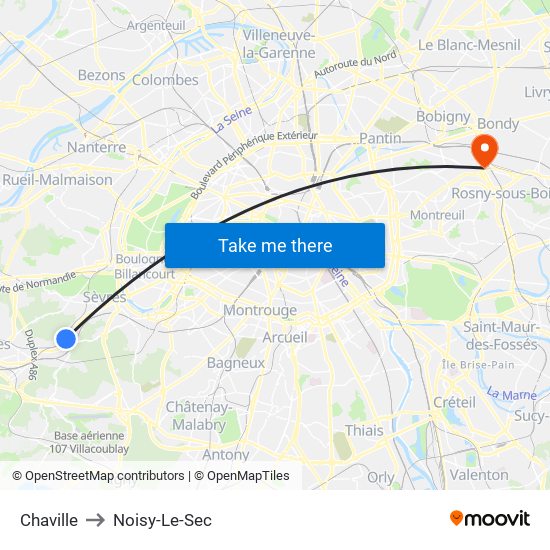 Chaville to Noisy-Le-Sec map
