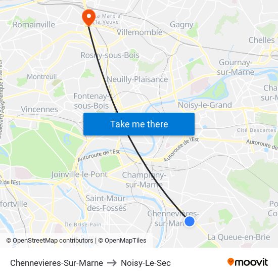Chennevieres-Sur-Marne to Noisy-Le-Sec map